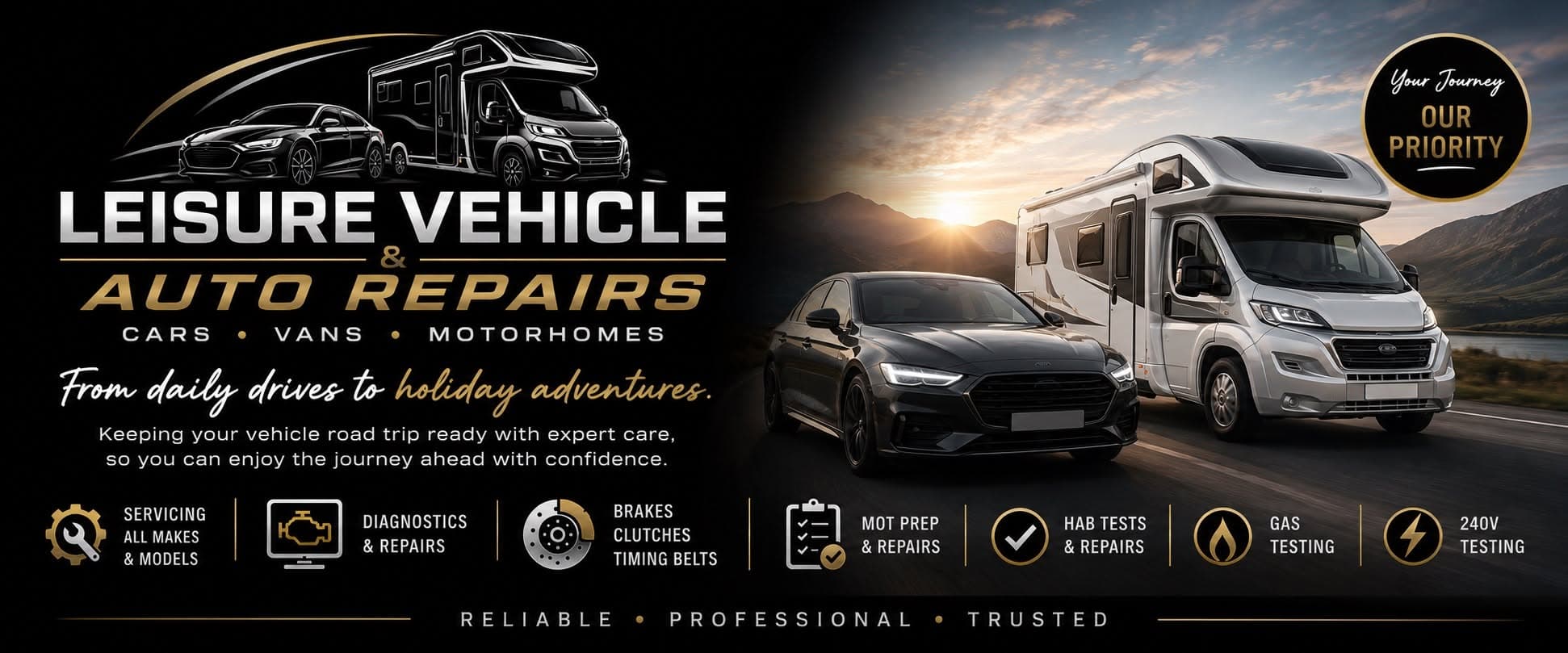 Leisure Vehicle & Auto Repairs banner featuring cars and a motorhome