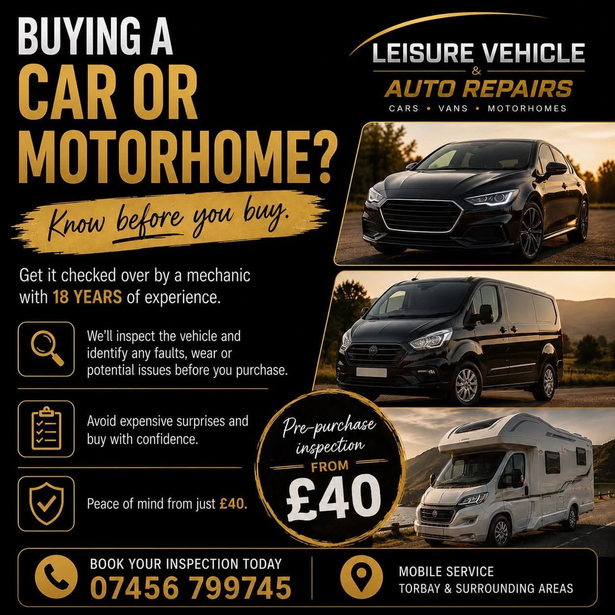 Pre-purchase inspection offer for cars, vans and motorhomes